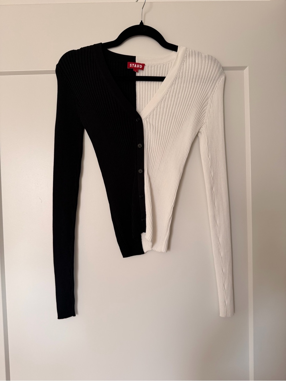 STAUD Black and White Two-Tone Ribbed Asymmetric Cardigan